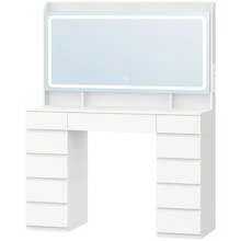 Hzuaneri Große Schminktisch mit Große HD-Spiegel , Schminktisch mit LED-Beleuchtung , 3 Farben, Einstellbare Helligkeit , Frisiertisch mit 11 Schubladen, 3 Ablagefächern und 1 Oberen Regal, Schminktische Fürs Schlafzimmer, Weiß