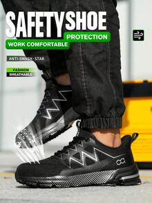 男士安全鞋，钢头运动鞋，防砸工作鞋，黑灰/宝蓝色轻便钢头安全靴，防砸防刺徒步鞋，建筑工业仓库防护低帮鞋，男女通用 - 黑灰色 - 查看 7