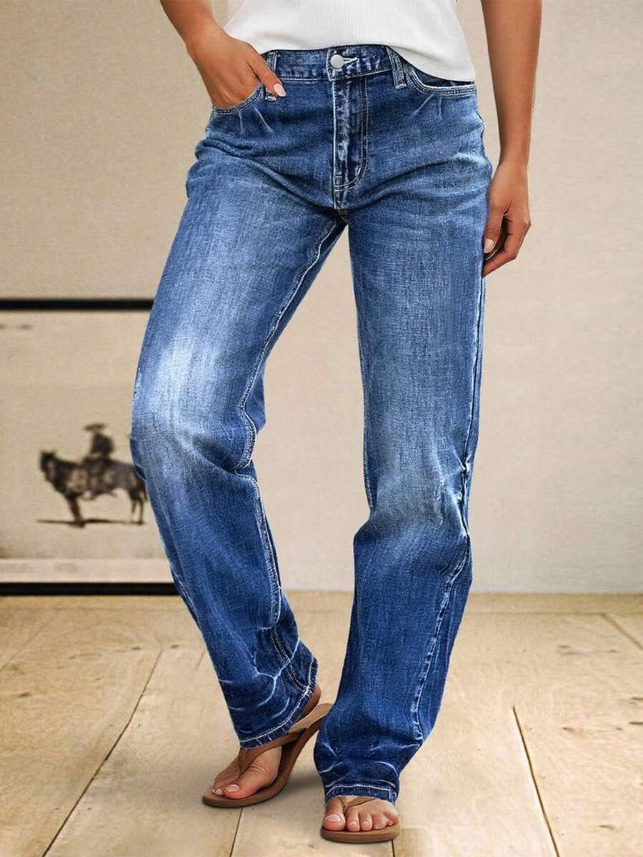 Women's Classic Straight Leg Jeans - Non-Stretch Mid-Waist Solid Color Everyday Denim - Medium Wash - View 1