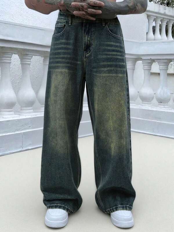 Jeans de mezclilla desgastados y lavados para hombres de talla grande, estilo casual de calle universitaria