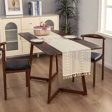 1pc Beige Hollow Tassel Decorative Tablecloth, Vintage Bohemian Geometric Embroidery, For Dining Room & Kitchen - Beige - View 4