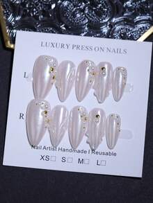 10pcs Almond Moonlight White 100% Handmade 3D Wavy French Minimalist Nail Stickers, Reusable, Suitable For All Seasons, Nail & Eyelash - White - View 12