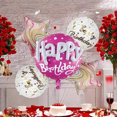 5 Pcs/Set 22.83" 3D Blue/Pink Birthday Balloon Set, Agate Pattern Five-Pointed Star Decorated Aluminum Foil Balloon Set, Suitable For Birthdays, Gender Reveals, Babyshower Wedding Anniversaries,