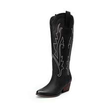 Womens Cowboy Cowgirl Knee High Boots Comfortable Pull-On Chunky Heel Embroidered Western Retro Tall Boots With Side Zipper - màu đen - Xem 4