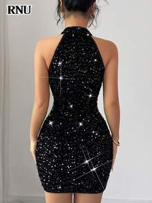 RNU Đầm mini ôm sát gợi cảm, hở lưng, co giãn, đính sequin đen, thích hợp cho hẹn hò, tiệc tùng, hộp đêm, dạo phố, lễ hội, ngày Valentine, sinh nhật, năm mới, mùa xuân/hè/thu/đông. - màu đen - Xem 7