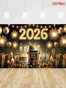 1 buc fundal negru auriu 2026 Anul Nou fericit, balon cu sclipici, banner și model de șampanie, pânză de fundal din poliester 150 * 100 cm, consumabile pentru sărbătoarea Anului Nou, decor pentru petrecerea de Anul Nou, recuzită pentru cabina foto de Anul Nou, decorațiuni de Anul Nou, consumabile pentru petreceri de sărbători - Multicolor - Vizualizare 1