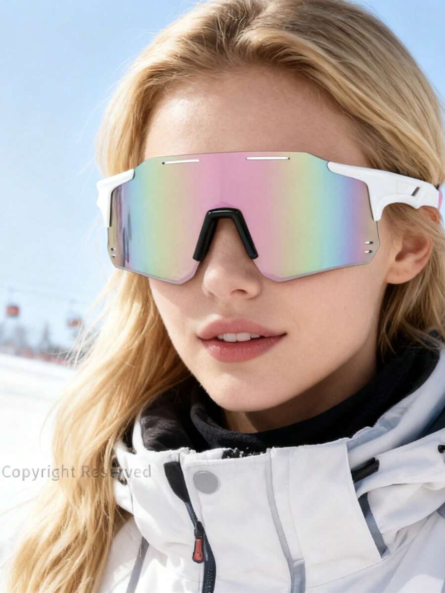 Óculos de proteção esportivos Y2K com lentes coloridas revestidas em rosa e prata, para homens e adolescentes. Modelo geométrico com gradiente de cores, sem armação, ideal para motociclismo, beisebol, ciclismo e esqui.