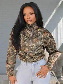 Steph T Women Vintage Leaves Print Half Zipper Opening Drop Shoulder Long Sleeve Sweatshirt, Street Style Fit For Autumn/Winter,Long Sleeve Tops Graduation,Back To School Outfits,Graduation,Teacher Outfits For Women,Back To School Pullover Fall Outfit - Multicolor - View 3