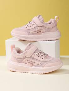 1 Pair Girls' Pink Mesh Breathable Casual Sneakers, Soft Sole Lightweight Running Shoes With Hook And Loop Design, Easy On/Off - Pink - View 2