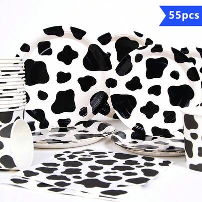 Black & White Cow Print Disposable Plate, Napkin, Cup Set, Serves 10 Guests, Disposable Paper Plates Party Supplies Suitable For Birthday, Wedding, Party, Family Picnic