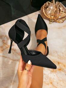 Women's Black Pointed Toe Stiletto High Heels, Elastic Criss-Cross Strap Sexy Mules High Heels, Comfortable Super High Heels For Party, Evening Dress, Casual - Black - View 3