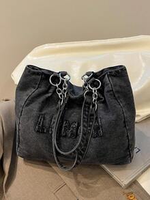 Túi Tote Denim Màu Trơn Mới, Có Trang Trí Chữ Cái Và Quai Đeo Bằng Kim Loại, Dung Tích Lưu Trữ Lớn, Khóa Kéo, Túi Đeo Vai Nữ Cổ Điển, Thích Hợp Cho Những Buổi Đi Chơi Hàng Ngày, Đi Làm Và Thu Hút Những Người Trẻ Theo Đuổi Cá Tính. - màu đen - Xem 8