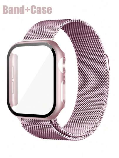 2 In 1 Compatible With Apple Watch Band + Case Men's And Women's Fashionable And Casual Soft And Breathable Stainless Steel Wire Braided Loop Magnetic Band And Anti-Drop And Scratch-Resistant PC And Tempered Glass Screen Film Integrated Case Compatible With Apple Watch 40/41/42/44/45/46/49MM Strap Case Compatible With Apple Watch Series Ultra/10/9/8/7/6/5/4/SE Milanese Style Strap And Simple Case Easy To Wear