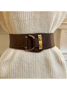 Vintage Style Faux Leather Belt, Rivet Buckle Design, Elastic Wide Waistband, Suitable For Dresses, Jackets And Suits, Lightweight And Comfortable, Non-Textile Material, Suitable For Mature Occasions, One Size Fits All - Wide C Buckle - View 15