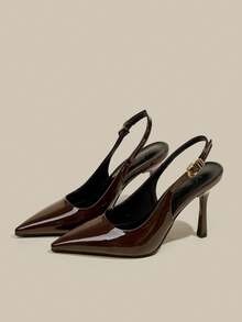女士咖啡棕色漆皮尖头细跟闭趾高跟鞋，优雅正式时尚派对礼服鞋，带踝带 - 咖啡棕 - 查看 7