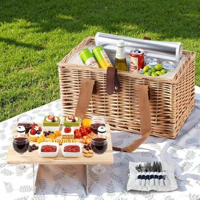 Alfresco 4 Person Picnic Basket Set With Table Blanket Cooler Wooden Insulated