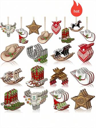 12 件/24 件/36 件西部圣诞装饰品，牛仔主题圣诞树装饰品，包括牛仔帽、靴子、警长徽章、圣诞灯和木制马和牛挂饰，用于装饰圣诞树、家居花环和室内派对，适用于家居装饰、主题派对、办公室环境或悬挂在植物上