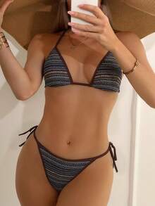 2pcs Women's Swimsuit, Cute Backless Crochet Mesh Side Tie Thong Bikini Set With Contrast Straps, Suitable For Summer Beach Wear - Brown - View 1