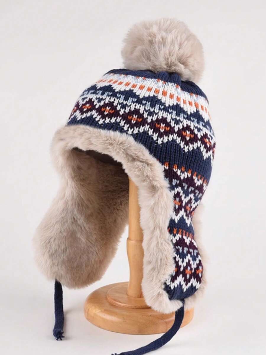 1pc Women's Patchwork Fuzzy Warm Knit Beanie Hat, Autumn/Winter, Suitable For Christmas And Outdoor Use In Winter - Navy Blue - View 1