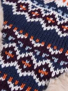 1pc Women's Patchwork Fuzzy Warm Knit Beanie Hat, Autumn/Winter, Suitable For Christmas And Outdoor Use In Winter - Navy Blue - View 7