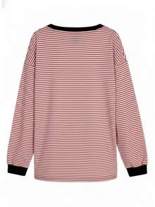 女士字母条纹印花落肩长袖休闲T恤 - 粉色 - 查看 10