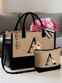 Personalized Floral Letter Linen Canvas Tote Bag Set, A-Z Letter Large Capacity Tote Bag With Matching Small Pouch, Suitable For Carrying Daily Essentials, Groceries, Travel Items, For Women, Fashion Lovers, Personalization Enthusiasts, Great For Daily Use, Shopping, Beach Travel, Adding Fashionable Personalized Accent To Outfits, Christmas/New Year Gift - Multicolor - View 9