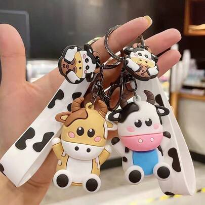 1 pieza Llavero de peluche de vaca de dibujos animados lindo, muñeco de coche simple, llavero colgante para mochila de estudiante y pareja