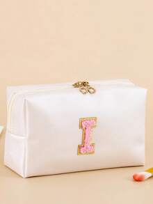 1 Piece//2pcs/4pcs Waterproof Cute Women Makeup Bag For Teen Girls Preppy Chenille Letter Patches SKIN HAIR FACE BATH STUFF Travel Cosmetic Pouch Skincare Face Initial Cosmetic Bag Toieltry Bag Hair Products Stuff Pouch - Beige - View 22