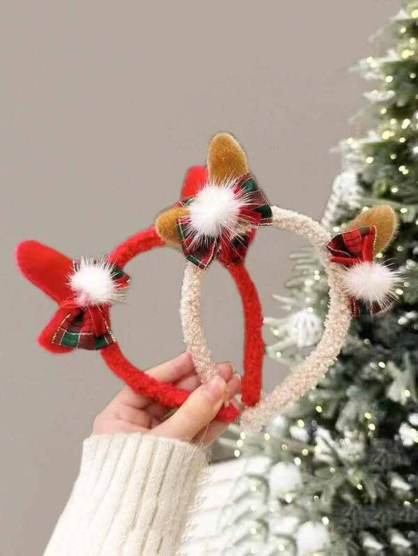 شريط رأس عيد الميلاد، شريط رأس غزال من الفرو الناعم الجديد لعيد الميلاد مع فيونكة، فيونكة من الفرو، كرة صوف، إكسسوار شعر تنكري لعيد الميلاد على شكل قرون غزال، تصميم مربعات حمراء