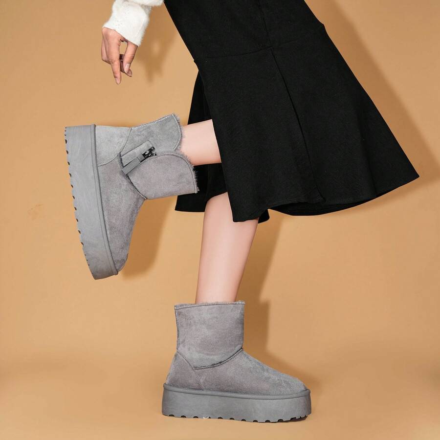 SuperG1 Women's Platform Furry Ankle Winter Boots Warm Soft Plush Lined Fabric Upper Casual Slip On Fashion Snow Booties - 灰色 - 查看 1