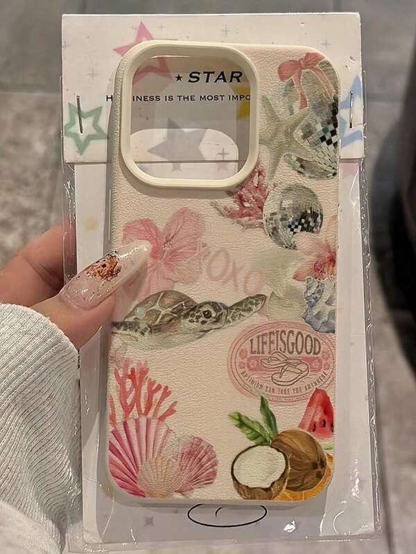 White Leather Texture Minimalist Floral, Seashell, Ocean, Turtle, Coconut Pattern Phone Case, Compatible With Iphone 16 Pro Max, 15, 14 Plus, 13, 12, 11 Protective Cover Waterproof Shockproof Anti-Fall Scratch ResistantFOR-YOUR-BELOVED-PHONEChristmas Gifts