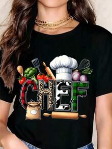 Chef Cooking Kitchen Apron Chef Hat Vegetables Utensils Pattern T Shirt Women Fashion Casual Top Food Lover Gift - 黑色 - 查看 1