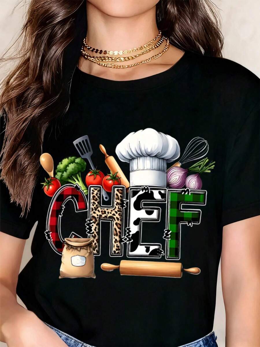 Chef Cooking Kitchen Apron Chef Hat Vegetables Utensils Pattern T Shirt Women Fashion Casual Top Food Lover Gift - 黑色 - 查看 1