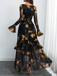 女士哥特式优雅性感长袖现代浪漫荷叶边花卉袖抽象印花连衣裙 春假 - 彩色 - 查看 3