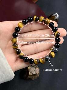 YAUKIA 1pc Men's Retro Style Tiger's Eye And Black Onyx Beaded Bracelet Good Luck And Wealth Symbolic Gift Bracelet For Friend - Multicolor - View 3