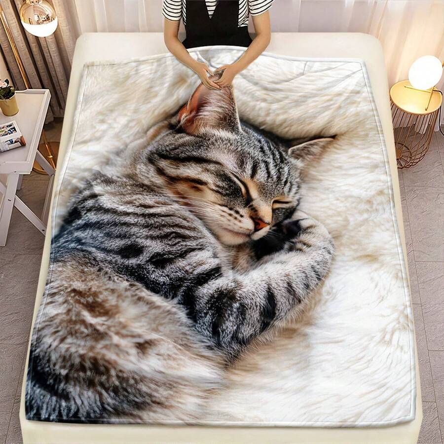 1pc Tabby Cat Sleeping Blanket - Soft Flannel Lightweight All-Season Throw With Tabby Cat Design (Brown/Black/White/Gray/Beige) - Cozy Bedspread For Sofa, Bed, Camping, Office - Pet Lover Gift For Cat Owners - Digital Printing Warm Winter Blanket With Charming Tabby Cat Pattern - Versatile For Indoor & Outdoor Use - Plush & Stylish Home Decor, Soft Flannel Blanket - Multiple Sizes, Cozy Must-Have - Multicolor - View 1
