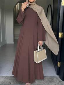 女士优雅长款喇叭形系带腰身连衣裙，中东风格可调节腰身圆领长裙，纯色优雅梭织面料，春夏连衣裙 - 咖啡 - 查看 5