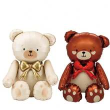 1个坐姿小熊铝箔气球，组装式3D卡通纽扣蝴蝶结泰迪熊铝箔气球，生日派对装饰 - 混合色 - 查看 1