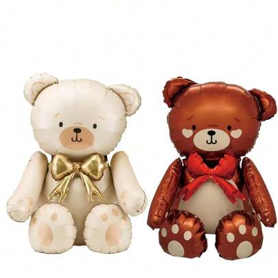 1pc Sitting Bear Aluminum Foil Balloon, Assembled Bear 3D Cartoon Button Bow Teddy Aluminum Foil Balloon, Birthday Party Decoration