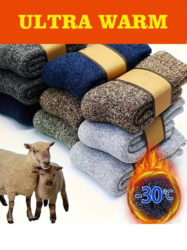 5 Pairs Thick Warm Winter Socks, Solid Color Thick Socks, Thickened Warm Socks, Simple Men's Fleece Crew Socks