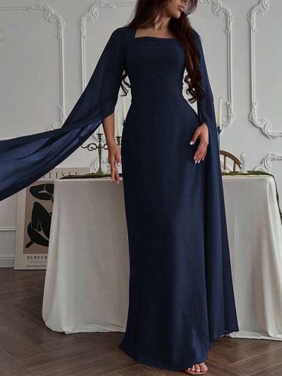 Elegant Fashion Sense Cape Sleeve Palace Style Bodycon Dress, Suitable For Graduation Ceremony, Wedding, High-End Elegant Long Sleeve Cloak Sexy Slim Fit Elegant Long Sleeve Dress