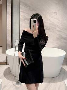 1 件经典褶皱设计缎面正式晚礼服手拿包，适合正式派对、宴会、婚礼、浪漫新娘场合，饰有闪亮水钻，配有链条肩带 - 黑色 - 查看 11