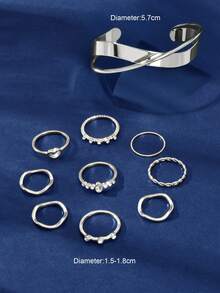 10 Pcs Street Jewelry Set Open Cuff Bangle And Silver Stackable Midi Knuckle Finger Women Rings Set - Silver - View 3