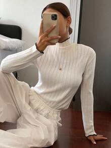 Livesso 女士休闲撞色拼接圆领T恤，秋季蕾丝针织长袖上衣，蕾丝衬衫，白色蕾丝 - 白色 - 查看 1