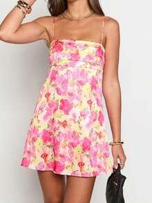 Women's Mini Cami Dress Floral Print Solid Color Sleeveless Spaghetti Strap Beach Dress For Spring Summer - 花色 - 查看 3