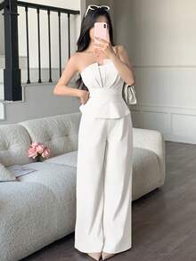 abyoxi 两件套：白色荷叶边吊带背心搭配阔腿裤，时尚优雅，适合办公室、通勤、复古风、社交场合、派对、约会、情人节、春夏穿着。 - 白色 - 查看 6