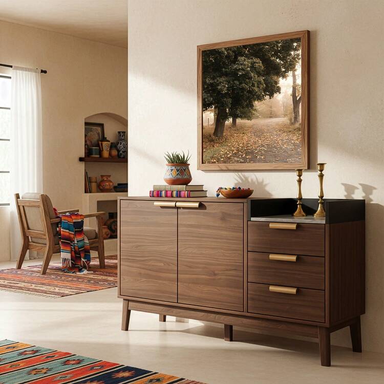Living Room Cabinet With 3 Drawers + Cabinet In Oak Decor And Marble-Effect Top Adjustable Internal Compartments & Robot-Accessible Design Solid Wood Legs H77/W120/D40 Cm - 深橡木色 - 查看 10