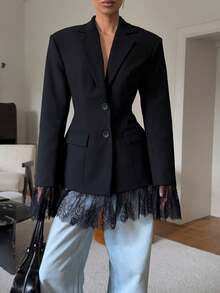 Áo khoác blazer nữ màu trơn, chất liệu vải dệt, có túi, phối ren và khuy cài ở eo, phù hợp cho công sở, hẹn hò buổi tối, các dịp trang trọng vào mùa thu/đông/xuân. Màu đen. - màu đen - Xem 3