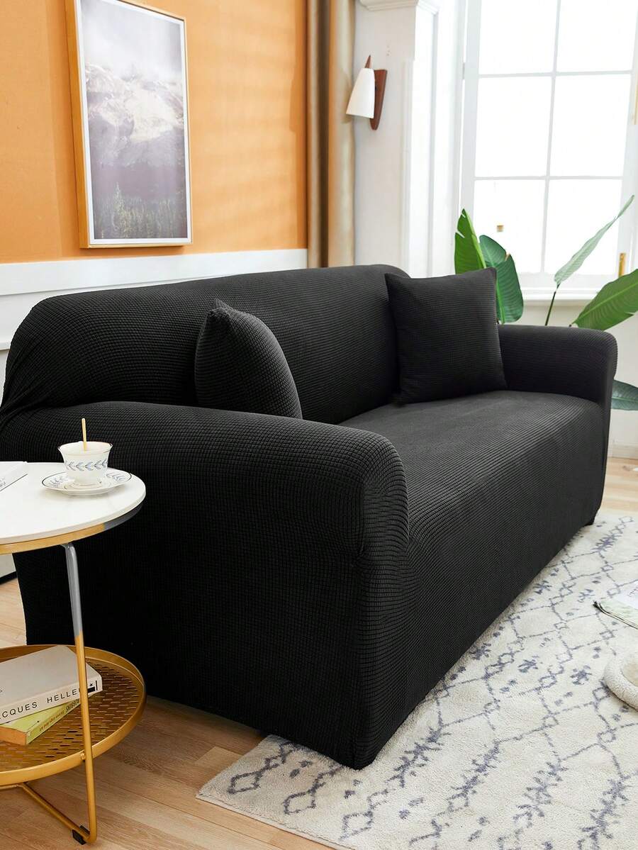 1pc Thickened Waffle Texture Full Coverage Sofa Cover, Modern Minimalist Style Sofa Protector, Suitable For Bedroom, Living Room, Office Sofa Decor In Autumn/Winter, Pillow Cover Not Included - Black - View 1