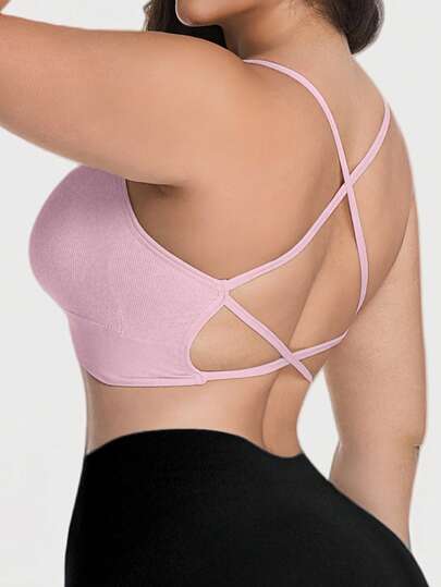 Piece Seamless Knit Ribbed Verleidelijke Bra, Wireless Cross Strap Backless Sports BH view 2
